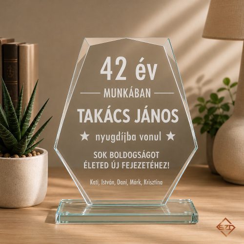 Üveg díj gravírozással nyugdíjba vonulásra