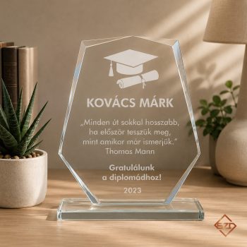 Üveg díj diplomaosztóra gravírozással díszdobozban