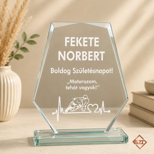 Egyedi gravírozott üveg díj motoros mintával díszdobozban ajándékba