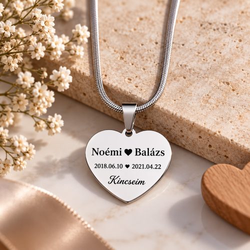 Nemesacél szív nyaklánc gyermekeid nevével – 01