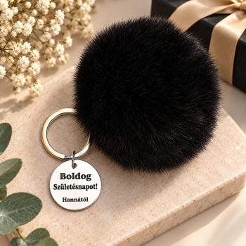 Fekete pompom kulcstartó 