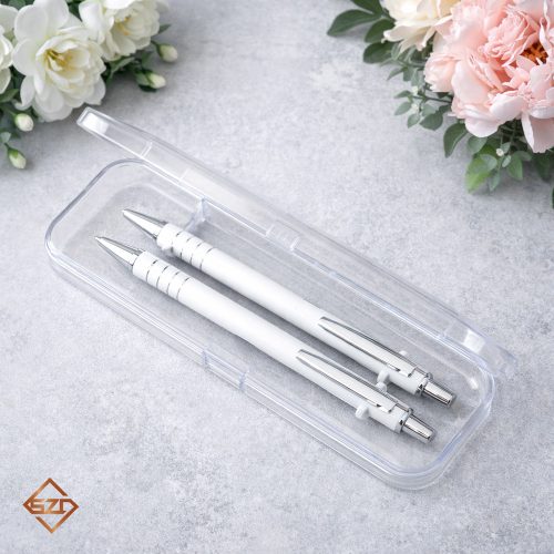 Fehér golyóstoll és mechanikus ceruza szett