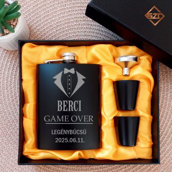 Game Over fekete acél flaska szett legénybúcsú ajándék