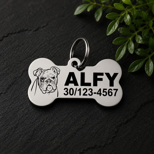 Angol bulldog gravírozott nemesacél kutyabiléta 40×22 mm