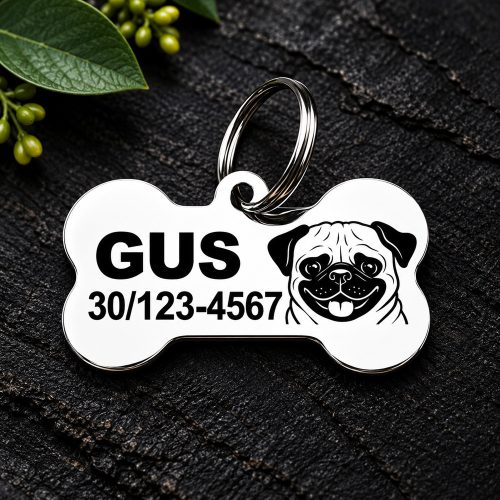 Mopsz gravírozott nemesacél kutyabiléta 40×22 mm