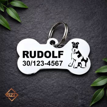 Foxterrier kutyabiléta névvel és telefonszámmal