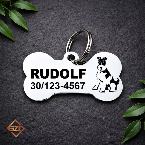 Foxterrier kutyabiléta névvel és telefonszámmal